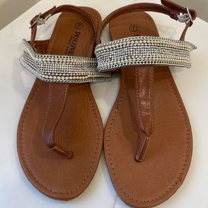 Brown Sparkly Strappy Sandals Pearl Detail